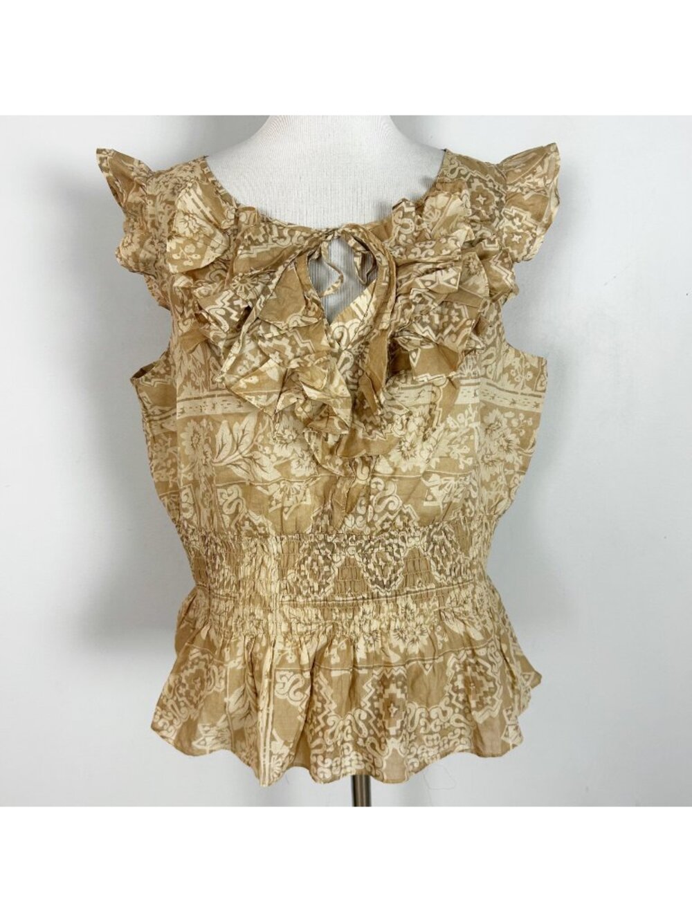 Y2K Lauren Jeans Co Tan Floral Boho Top Ruffles Smocked Waist Peplum Size XL